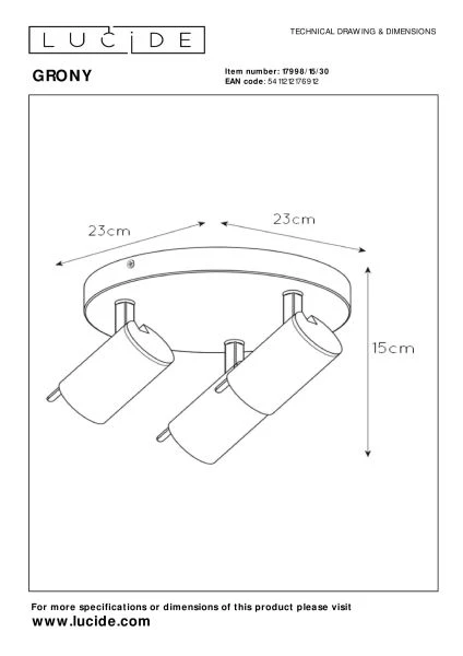 Lucide GRONY - Plafondspot - LED Dim to warm - GU10 - 3x5W 2200K/3000K - Zwart - technisch